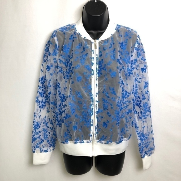 White Mesh See thru Blue Floral Bomber Jacket - Picture 2 of 6